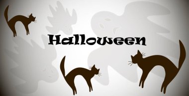 Gloomy Halloween card with ghosts and  cats on a gray background, Greeting Card Flat Vector Illustration
