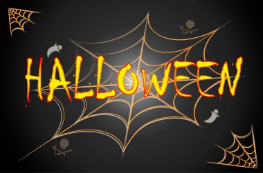 Fiery inscription Halloween on a scary dark background with cobwebs. Decoration Greeting Card  