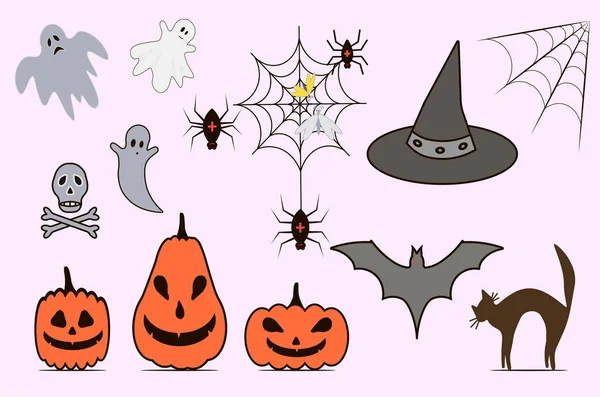 Happy Halloween Collection Halloween Elements Pumpkins Ghost Skull Black Cat — Vector de stock