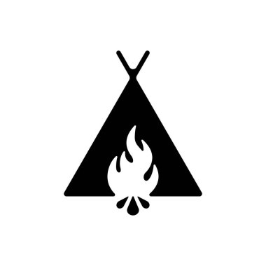 Kamp simgesi logosu, çadır ve şenlik ateşi konsepti