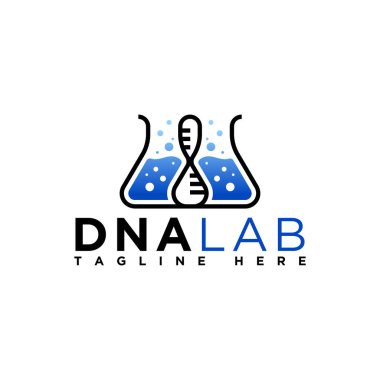 Soyut DNA ve kimyasal şişe kavramına sahip laboratuvar logosu şirketi..