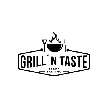 Izgara çatallı Grill House restoranı, Grill House, Restoran. Et işi için grafiksel şablon - restoran, bar, kafe, yemekhane, tasarım - menü, poster, etiket