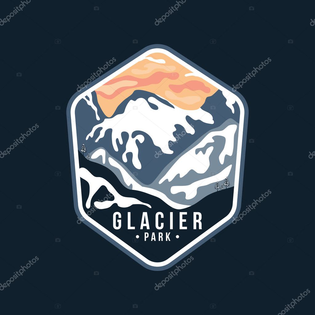 Glacier national park emblem patch illustration logo template in dark background