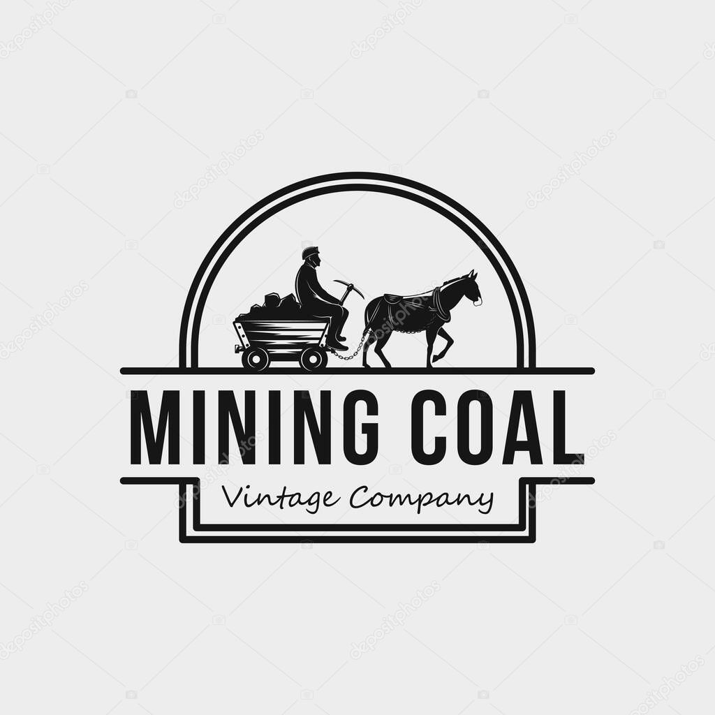Mining or construction logos, Mule with a coal cart badges in vintage style illustrations.