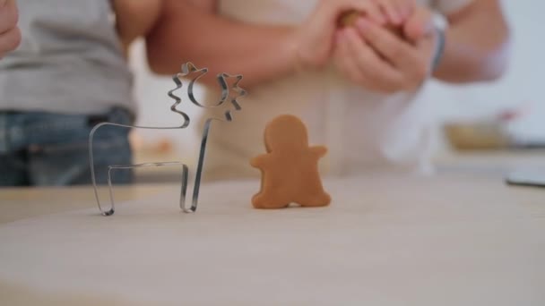 부엌에서 반죽 과 커터로 만든 진저브레드를 가지고 노는 가족 과 재미있게 노는 모습 — 비디오