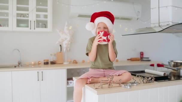 Niño en el sombrero de Santa sentado en la mesa de la cocina y beber leche de cacao. — Vídeos de Stock