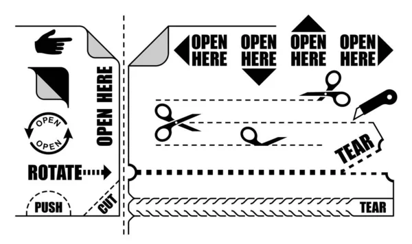 Ensemble Vectoriel Étiquette Ouvrir Ici Bande Larme Push Sign Ligne — Image vectorielle