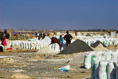 SENEGAL, AFRICA - MARSCH Circa, 2016. Kimliği belirsiz siyah Afrikalı kadın ve erkek Senegal 'deki Pembe Göl' de çiftçinin denizden tuz almaya geldiği yerde. Çok zor bir iş. Canlı renkler