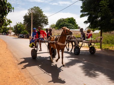 Bour, Senegal - Ocak CIRCA, 2022. Şehirlerde eşek ya da at arabasıyla yerel insan nakliyesi ve teslimat. Yerel geleneksel vagonda oturan Afrikalılar.