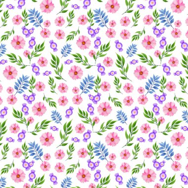 Suluboya kalple kusursuz desen. Sevgililer Günü arkaplanı, suluboya el yapımı kır çiçekleri olan güzel vektör çiçekli yaz deseni. Stok illüstrasyonu.