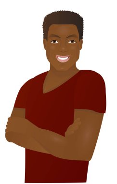 Kırmızı tişört giyen gülümseyen adam.