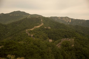 Yazın Çin Seddi ve çevresindeki ormanların manzarası.