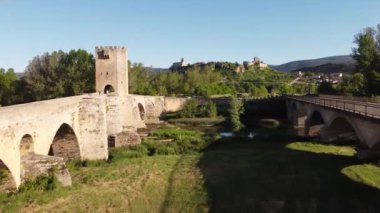 aerial shot of the medieval stone bridge of Frias in Castilla, Spain. High quality FullHD footage