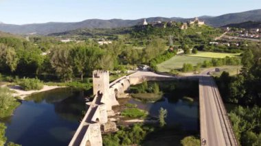 aerial shot of the medieval stone bridge of Frias in Castilla, Spain. High quality FullHD footage