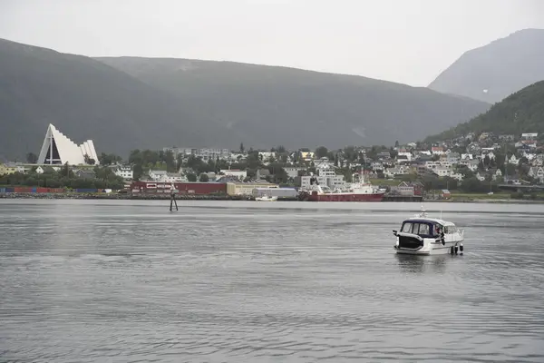 Boat Sailing Port Tromso Northern Norway High Quality Photo — Foto de Stock