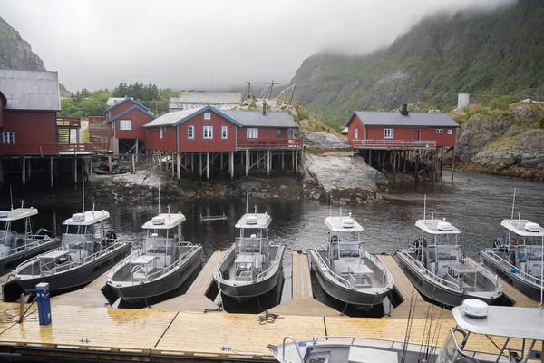 Norveç 'in Lofoten Adaları' ndaki balıkçı köyünde bir balıkçı kulübesi. Arkaplanda dağlar