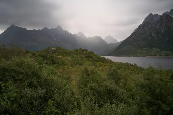 Blick Auf Die Fjorde Auf Den Lofoten Norwegen Einem Bewölkten — Stockfoto