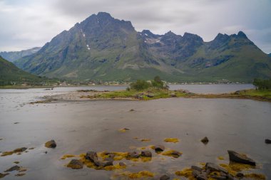 Norveç 'in Lofoten adalarındaki fiords ve dağların manzara manzarası. Yüksek kalite fotoğraf