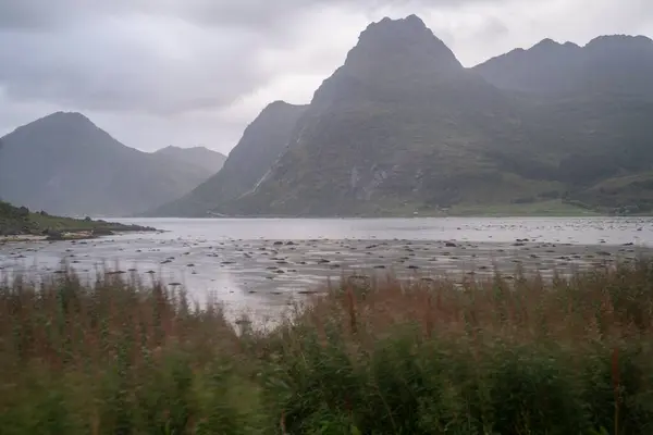 Berglandschaft Den Fjorden Der Lofoten Inseln Einem Nebligen Tag Norwegen — Stockfoto