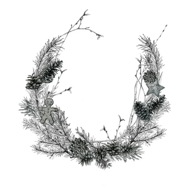 モミの枝 コーンで作られたクリスマスの花輪 新年の装飾 写実的なイラスト — ストック写真