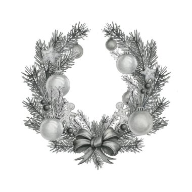 Çerçeve, vignette. Noel çelengi köknar dalları ve konilerden yapılmıştır, dekoratif elementler, yay ve toplarla