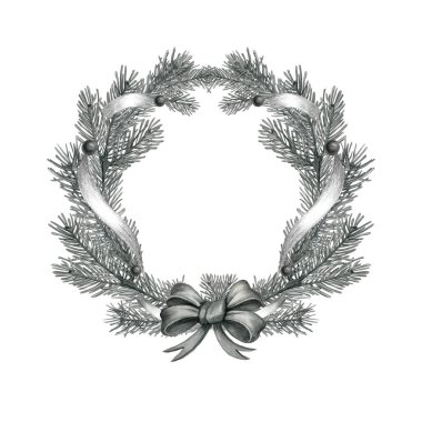 Dekoratif elementler, kurdeleler ve fiyonklu farklı köknar dallarından yapılmış Noel çelenkleri. Çerçeve. Arkaplan