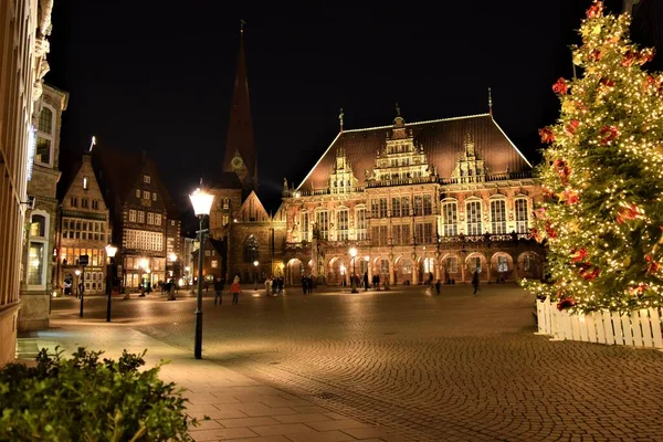 Luces Navidad Plaza Ciudad Bremen Alemania — Foto de Stock