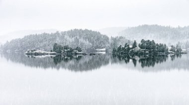 Yansıma simetrisi olan minimalist bir manzara. Gölde ağaçlarla kaplı küçük taş adalar. Bulanık, puslu bir arkaplan. Yağmurlu ve karlı kötü hava.