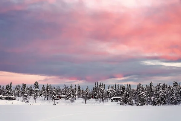 Pôr do sol colorido sobre a paisagem de inverno com floresta coberta de neve . — Fotografia de Stock