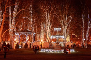 Zagreb 'deki Advent kentinde kış gecesi Zrinjevac parkında pavyonu ve çeşmeyi aydınlatan Zagreb Noel ışıkları.