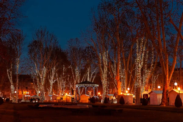 Zagreb Hırvatistan ve Zagrep 'teki Advent kapsamında Zrinjevac parkında kış gecesi gökyüzüne karşı ağaçları ve pavyonu aydınlatan Noel ışıkları