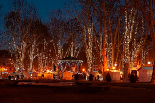 Zagreb Hırvatistan ve Zagrep 'teki Advent kapsamında Zrinjevac parkında kış gecesi gökyüzüne karşı ağaçları ve pavyonu aydınlatan Noel ışıkları