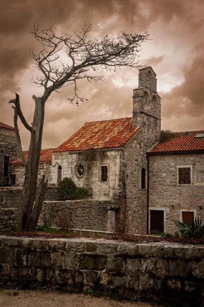 Eski Budva, Karadağ 'daki Punta Kilisesi' nde Santa Maria. Ürkütücü ölü ağaç ve uğursuz sepia bulutlarıyla..