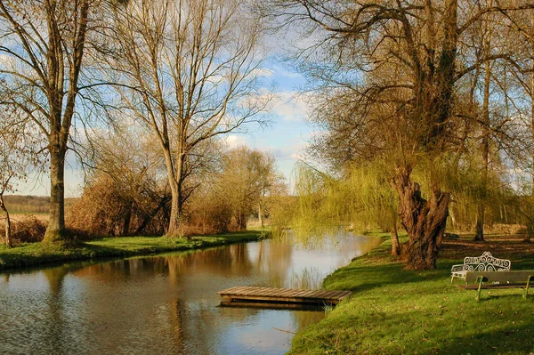 Autumn Sunset Bare Trees Still Water Small Dock Bench — 图库照片