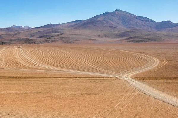 Atacama desert in Chile with tire tracks fanning out across sand leading to horizon