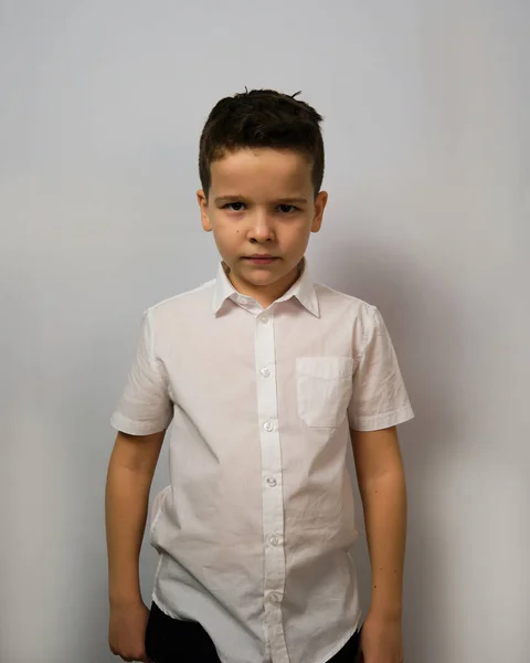 Boy Emotionally Shows Thoughtful Sweet Expression His Face — Stock Photo, Image