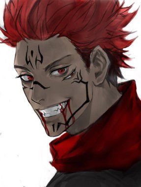 Ağızda kan olan sukuna fan sanatı dijital el çizimi