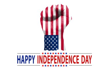 Amerika Birleşik Devletleri bayrağıyla boyanmış yumrukla Bağımsızlık Günü 'nüz kutlu olsun. Yeni 4 Temmuz arkaplan kavramı