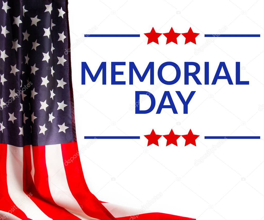 Memorial Day - Remember and Honor Poster. Usa memorial day celebration. American national holiday. Invitation template with red text and waving us flag on white background