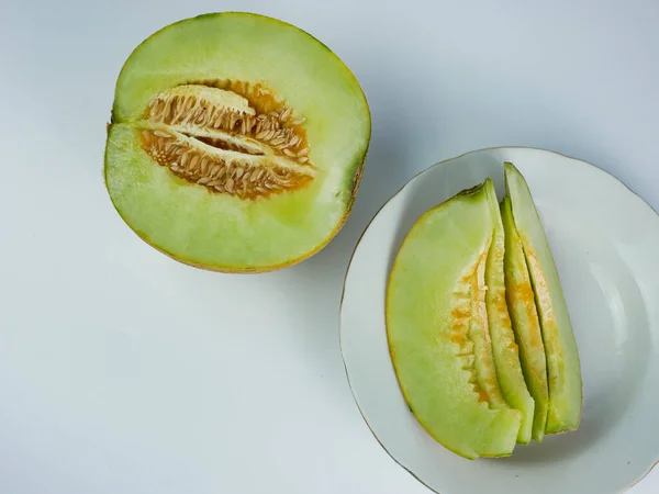 Sliced Melon White Plate Isolated White Background — Stock Photo, Image