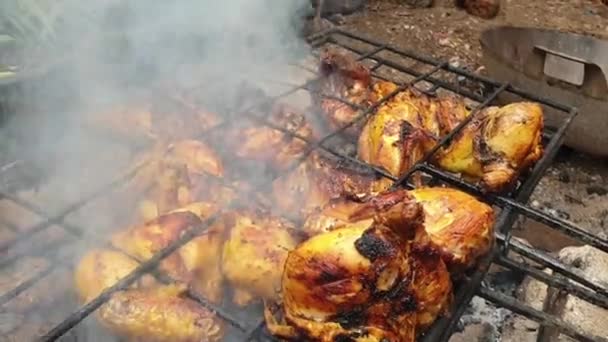 Process Making Grilled Chicken Cooking Outdoor — Stock Video
