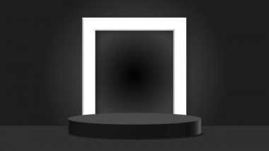 Beyaz geometrik kare çerçeveli modern siyah silindir kaide podyumu. Sergi ürünleri için. 3B görüntüleme
