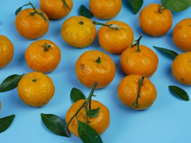 Yaprakları mavi arka planda izole edilmiş turuncu ya da turunçgiller. sağlıklı meyve