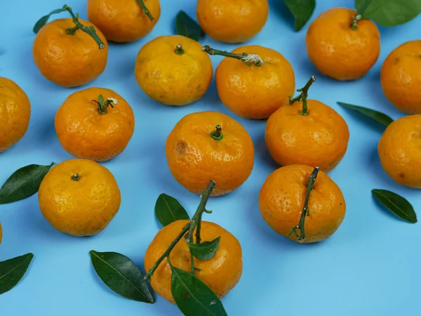 Yaprakları mavi arka planda izole edilmiş turuncu ya da turunçgiller. sağlıklı meyve