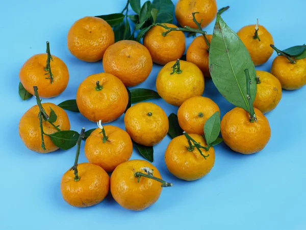 Yaprakları mavi arka planda izole edilmiş turuncu ya da turunçgiller. sağlıklı meyve