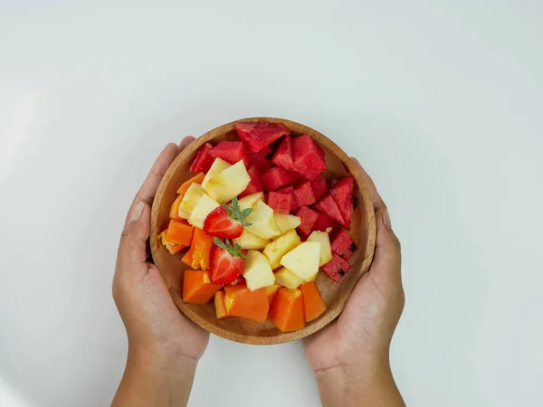 Hand Holding Mixed Fruit Wooden Plate White Background Healthy Fruit — 스톡 사진