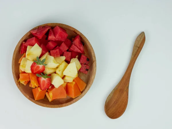 Top View Sliced Strawberry Papaya Apple Watermelon Wooden Plate White – stockfoto