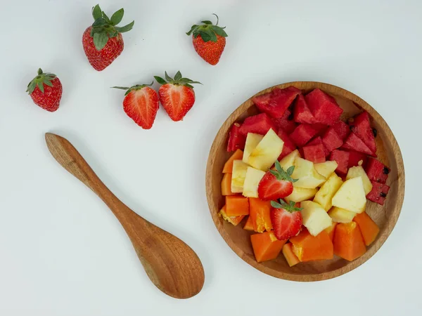 Top View Sliced Strawberry Papaya Apple Watermelon Wooden Plate White — 스톡 사진