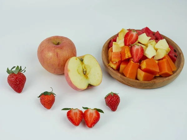 Sliced Strawberry Papaya Apple Watermelon Wooden Plate White Background Healthy — Fotografia de Stock