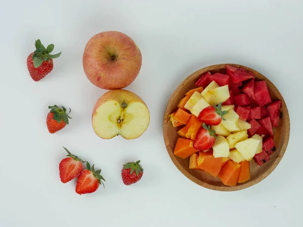 Top View Sliced Strawberry Papaya Apple Watermelon Wooden Plate White — Stockfoto